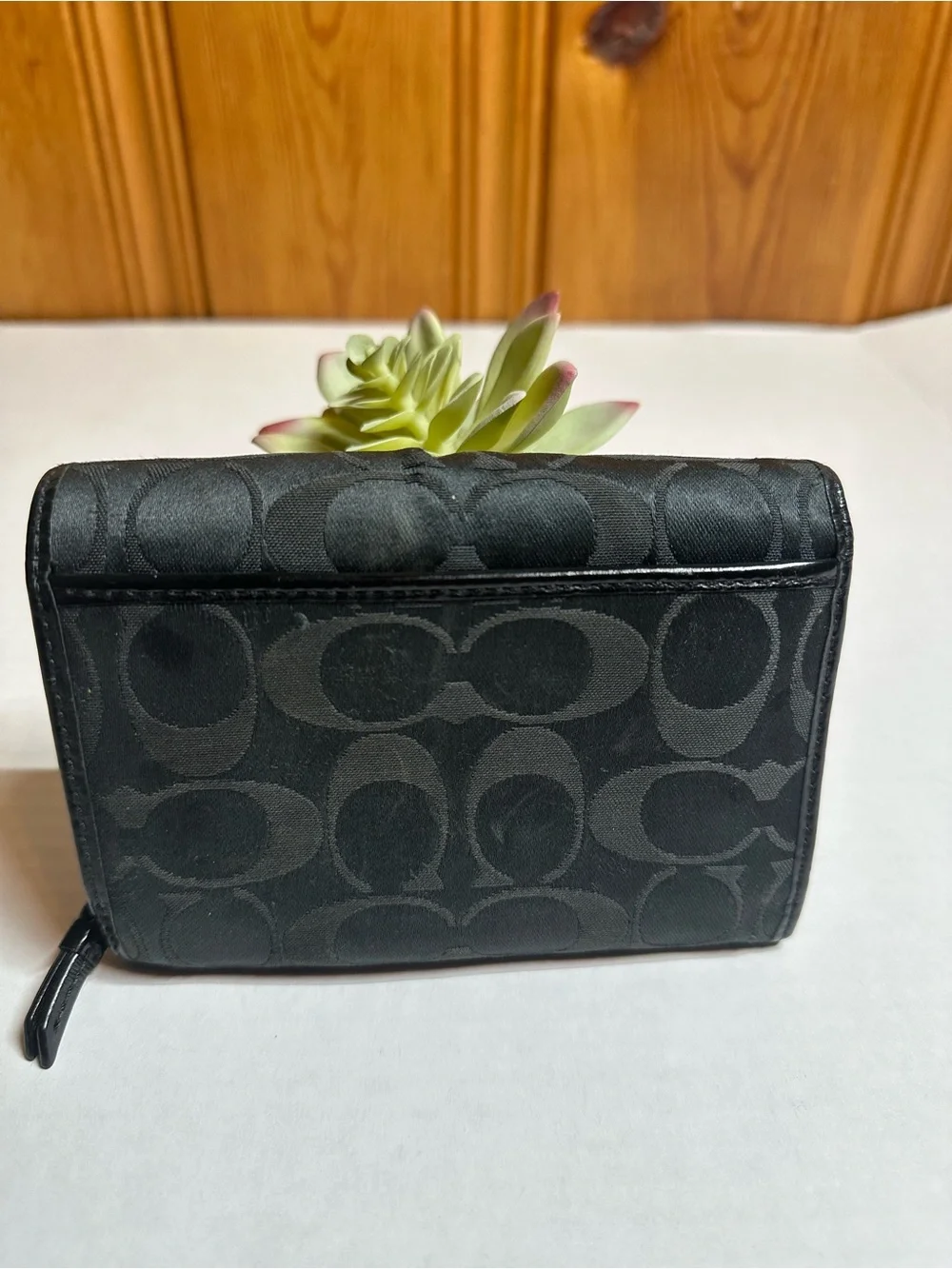 Coach Black Signature Logo Compact Wallet with Silver Logo